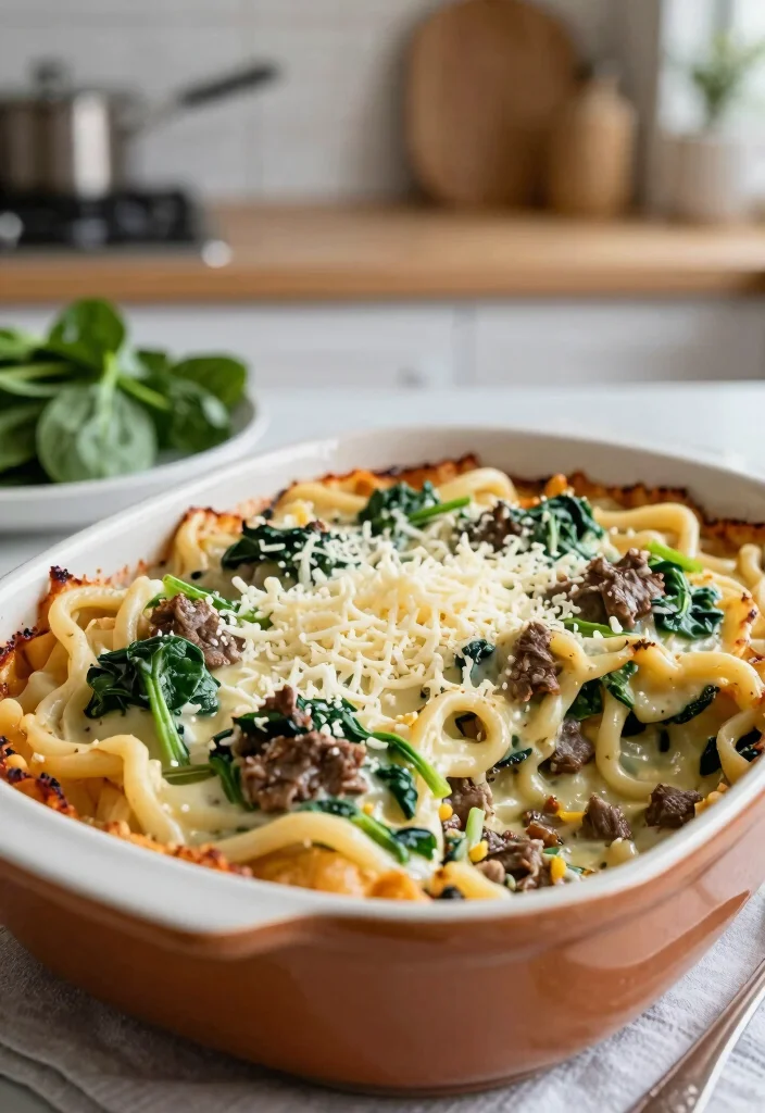 17 Ground Beef Noodle Dinner Recipes That Are Comforting - 12. Creamy Beef and Noodle Bake with Spinach 1