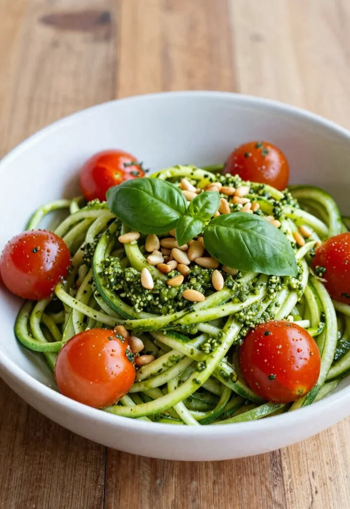 19 Hearty Dinner Recipes Around 700 Calories - 12. Zucchini Noodles with Pesto and Cherry Tomatoes 1