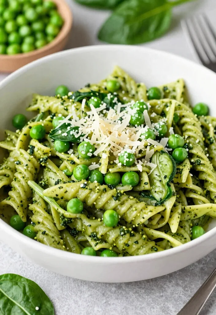 20 Filling Dinner Recipes Under 800 Calories - 16. Pesto Pasta with Peas and Spinach 1