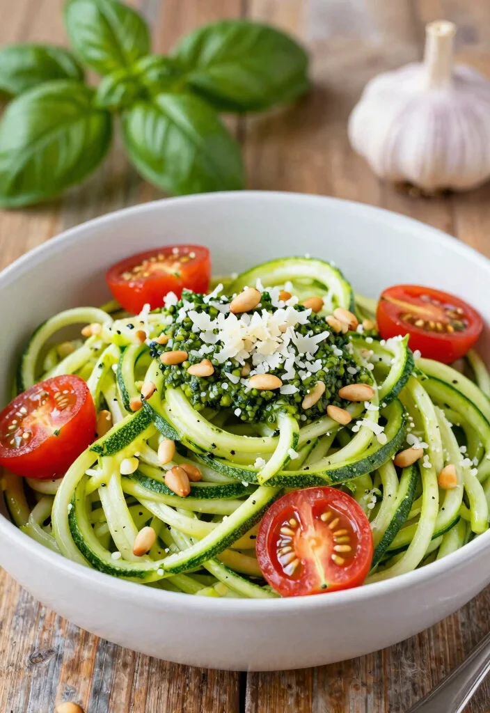 20 Filling Dinner Recipes Under 800 Calories - 2. Zucchini Noodles with Pesto and Cherry Tomatoes 1